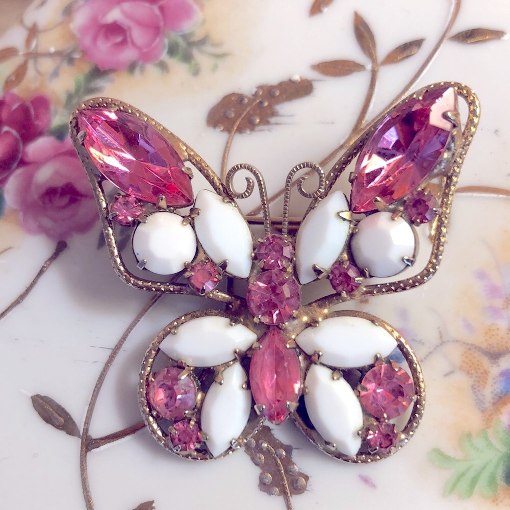Vintage Julianna Butterfly Brooch Pink Marquis Crystals and Milk Glass